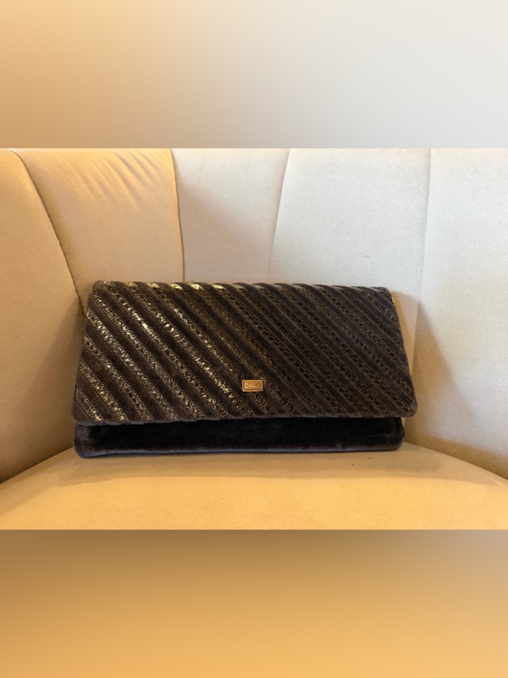 Black Quilted Velvet Clutch with Gold Accent